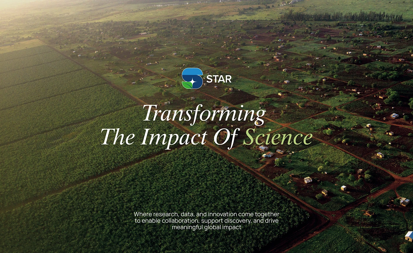 Portada del proyecto STAR: vista aérea de cultivos con el texto Transforming the Impact of Science